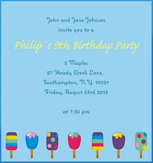 High Format Blue Summer Kids' Invitation Card with Ice cream.