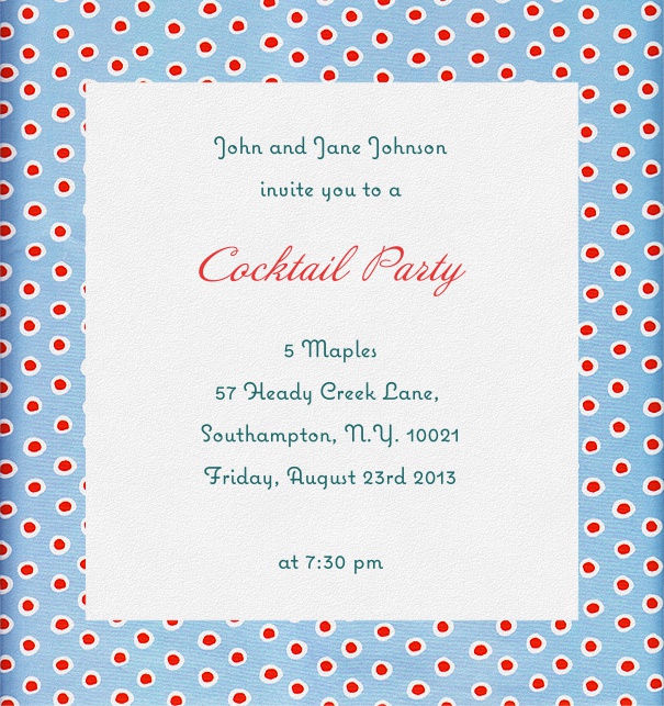 High Format White Summer Cocktail Invitation Card with Polka Dot Border.