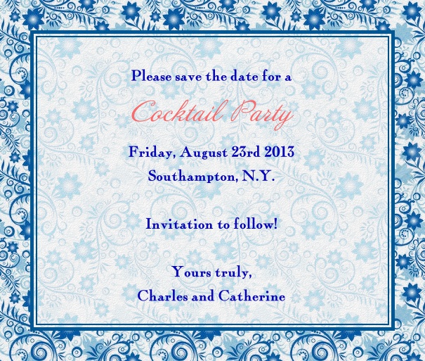 White Summer Themed Seasonal Save the Date with Blue Floral Border.