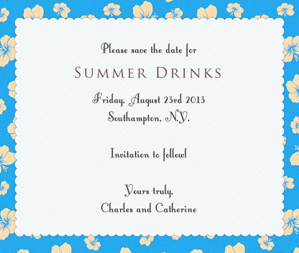White Summer Themed Seasonal Save the Date Card with Blue Colorful Flower Border.