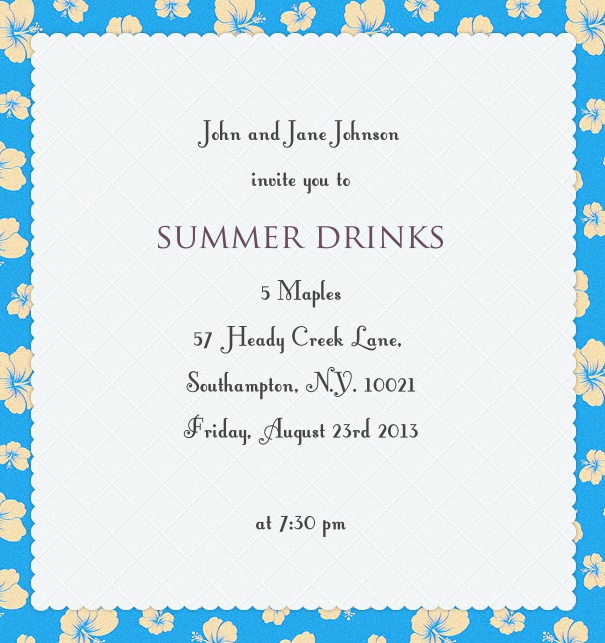 High format white summer seasonal invitation card with blue flower border.