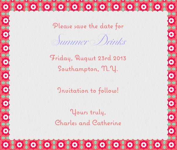 White Summer Themed Seasonal Save the Date Card with Pink Flower Border.