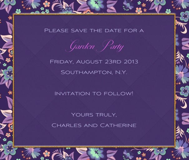 Purple Summer Themed Seasonal Save the Date Card with Colorful Flower Border.