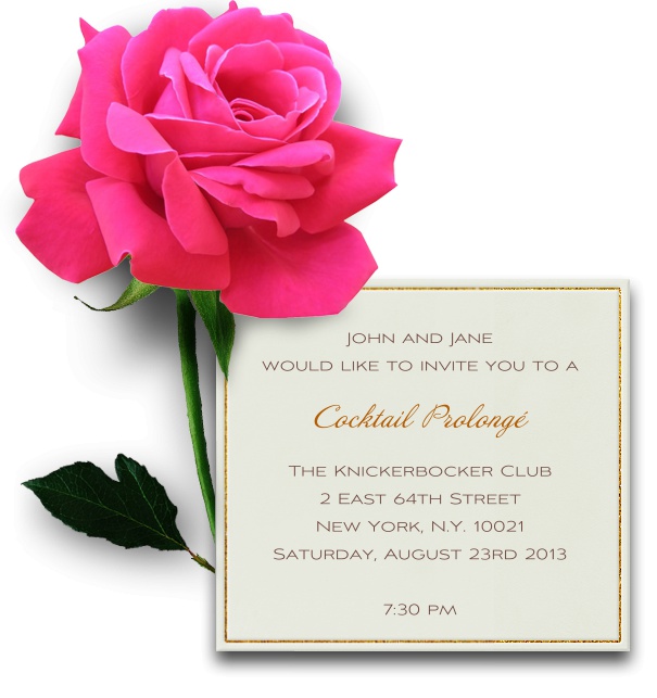 Quadrate Einladungskarte in weiss mit goldenem Rahmen und digitaler Version einer echten grossen rosa Rose an der linken oberen Seite.