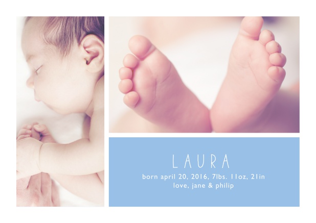 Online Geburtsanzeige mit zwei Fotofeldern und editierbarem Text auf einem farbigen Textfeld. Blau.