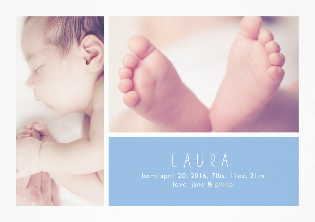 Birth announcement card with two photo and editable text on colorful text field. Blue.