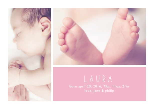 Online Birth announcement card with two photo and editable text on colorful text field. Pink.