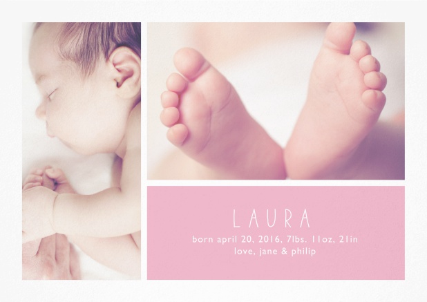 Birth announcement card with two photo and editable text on colorful text field. Pink.