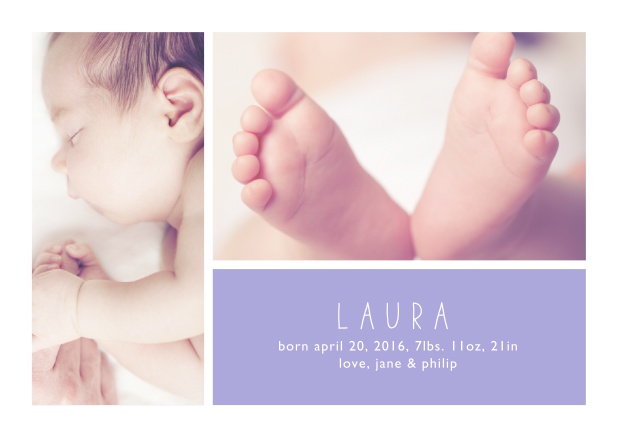 Online Geburtsanzeige mit zwei Fotofeldern und editierbarem Text auf einem farbigen Textfeld. Lila.