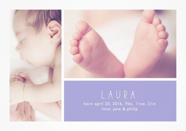 Birth announcement card with two photo and editable text on colorful text field. Purple.