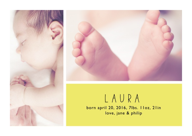 Online Geburtsanzeige mit zwei Fotofeldern und editierbarem Text auf einem farbigen Textfeld. Gelb.