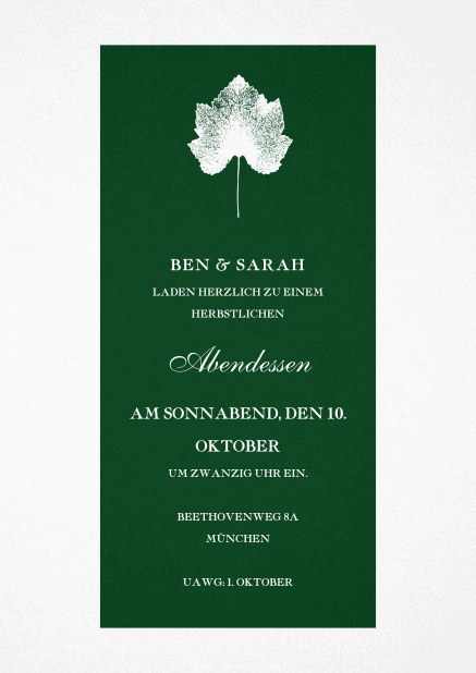 Herbstliche Einladung mit Blatt und in unterschiedlichen Farben vorhanden. Grün.