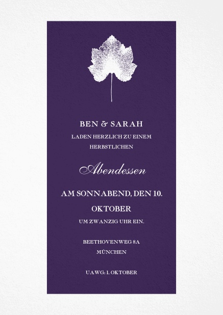 Herbstliche Einladung mit Blatt und in unterschiedlichen Farben vorhanden. Lila.