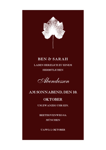 Online Einladungskarte im herbstlichen Stil mit zentriertem Blatt. Rot.