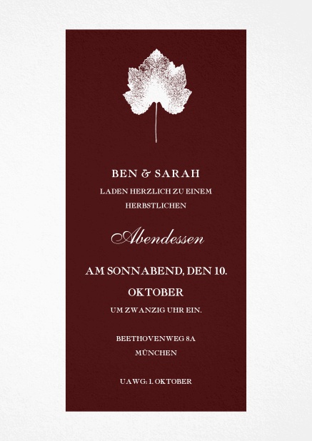 Herbstliche Einladung mit Blatt und in unterschiedlichen Farben vorhanden. Rot.