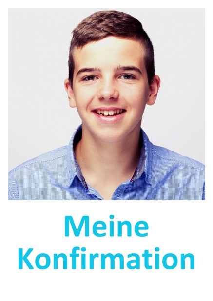 Online Einladungskarte zur Konfirmation mit Foto und weißem Textfeld dadrunter. Blau.