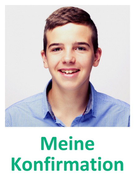 Online Einladungskarte zur Konfirmation mit Foto und weißem Textfeld dadrunter. Grün.