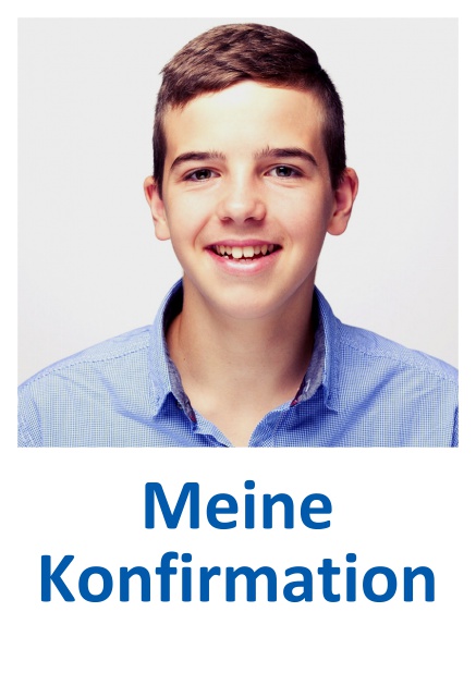 Online Einladungskarte zur Konfirmation mit Foto und weißem Textfeld dadrunter. Marine.