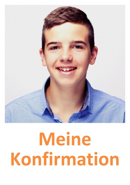 Online Einladungskarte zur Konfirmation mit Foto und weißem Textfeld dadrunter. Orange.