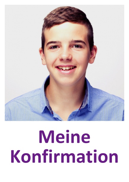 Online Einladungskarte zur Konfirmation mit Foto und weißem Textfeld dadrunter. Lila.