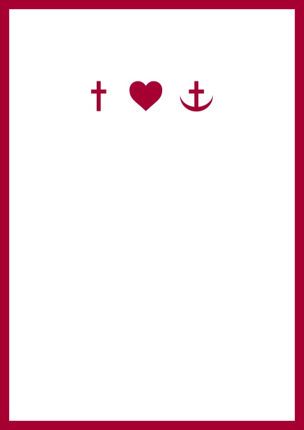 Online onfirmation invitation card in portrait format with Christian symbols on the front and customizable colors. Red.