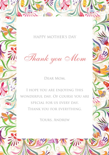 Online Karte zum Muttertag mit bunten Blumen als Rahmen.