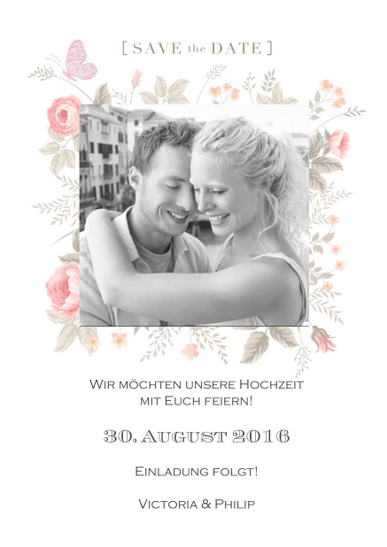 Online Save the Date Karte zur Hochzeit mit zarten Blumen um ein Foto.