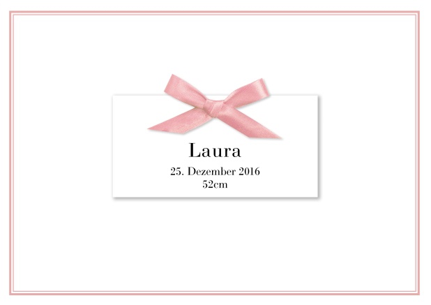 Online Klassische Geburtsanzeige mit GEDRUCKTER Schleife in Rosa mit passender feiner Doppellinie als Rand und Innenfoto.