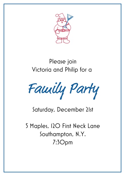 Online Christmas party invitation card with little Santa at the top Blue.