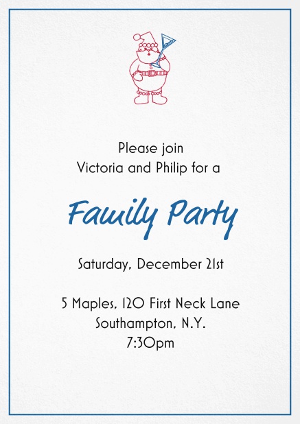 Christmas party invitation card with little Santa at the top Blue.