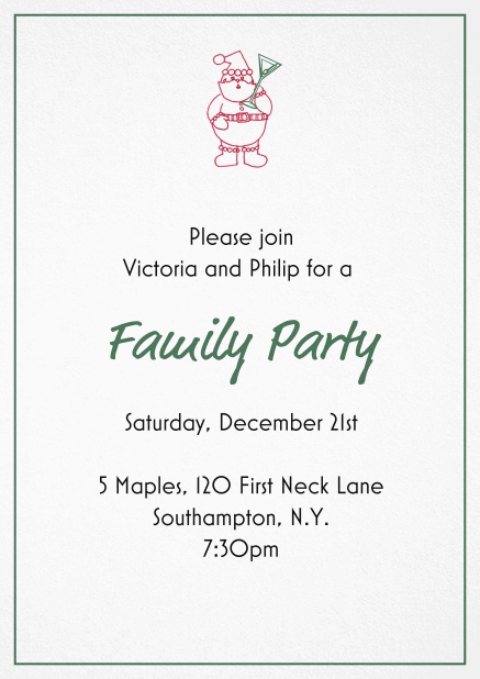 Christmas party invitation card with little Santa at the top Green.
