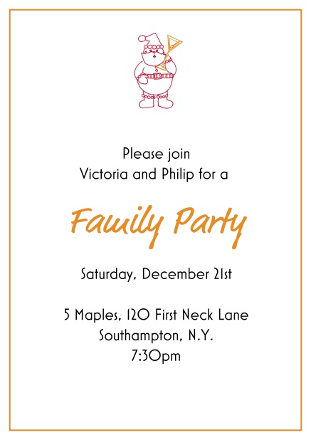 Online Christmas party invitation card with little Santa at the top Orange.
