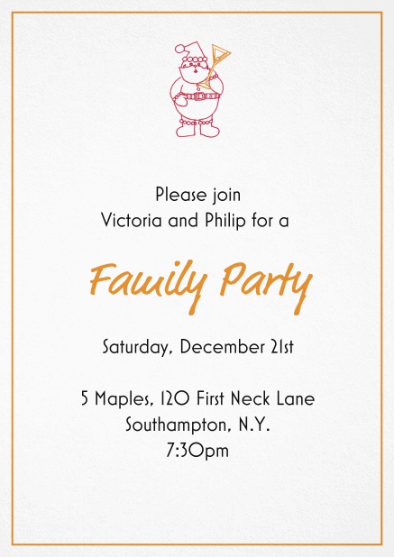 Christmas party invitation card with little Santa at the top Orange.