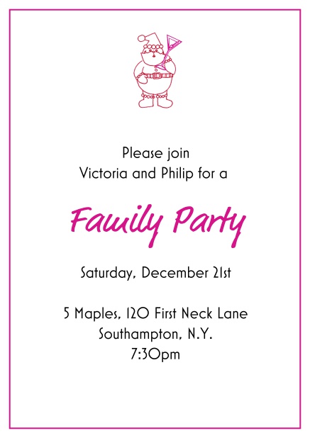 Online Christmas party invitation card with little Santa at the top Pink.