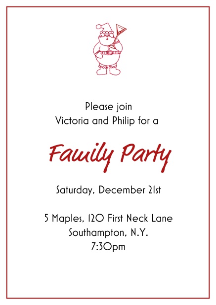 Online Christmas party invitation card with little Santa at the top Red.