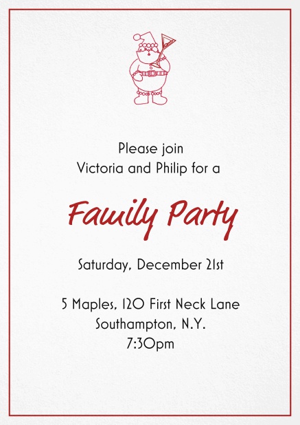 Christmas party invitation card with little Santa at the top Red.