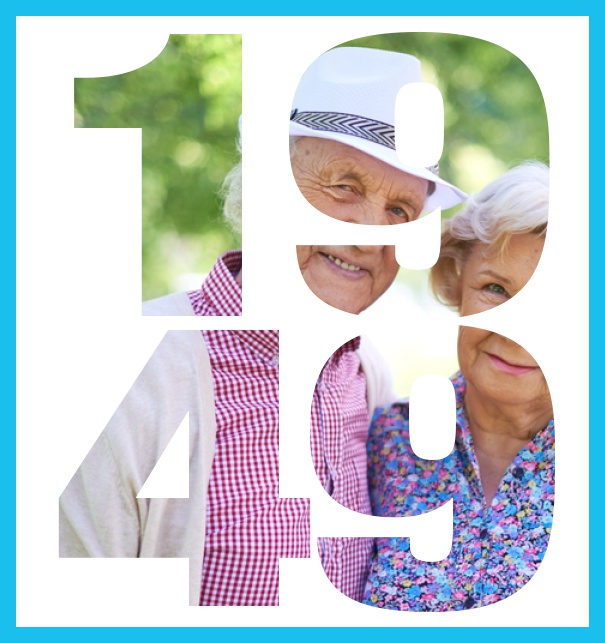 Große Online Einladungskarte zum 70. Geburtstag mit Rahmen und ausgeschnittenem Geburtsjahr 1949. Blau.