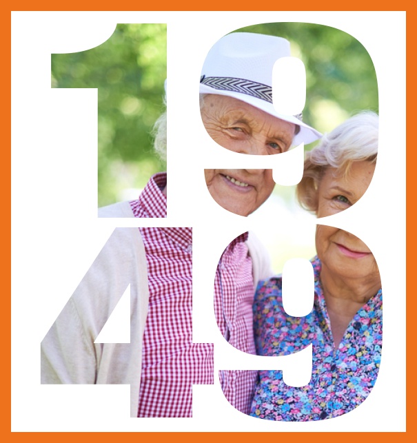 1949 geboren gross - Orange - 70. Geburtstag Große Online Einladungskarte zum 70. Geburtstag mit Rahmen und ausgeschnittenem Geburtsjahr 1949. Orange.