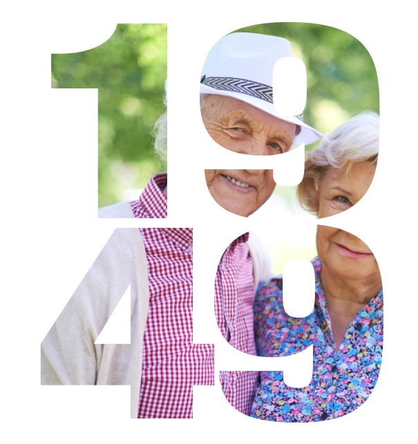 Große Online Einladungskarte zum 70. Geburtstag mit Rahmen und ausgeschnittenem Geburtsjahr 1949. Weiss.