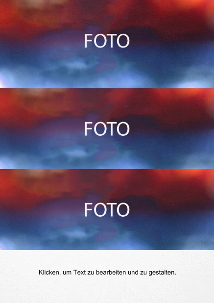 Einfach gestaltete Fotokarte in Hochkant mit 3 Fotofeldern zum Foto selber hochladen inkl. Textfeld.