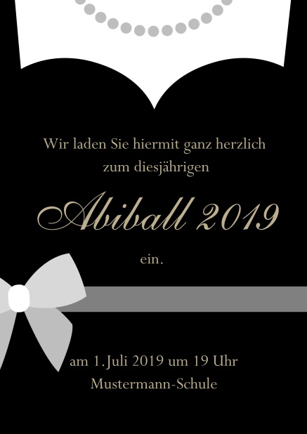 Online Einladungskarte zum Abi-Ball gestaltet als Abendkleid Schwarz.
