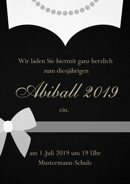 Abi 19 Abendkleid - Schwarz - Abifest Einladungskarte zum Abi-Ball gestaltet als Abendkleid Schwarz.