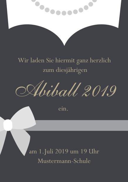 Online Einladungskarte zum Abi-Ball gestaltet als Abendkleid Grau.