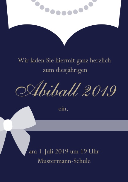 Online Einladungskarte zum Abi-Ball gestaltet als Abendkleid Marine.