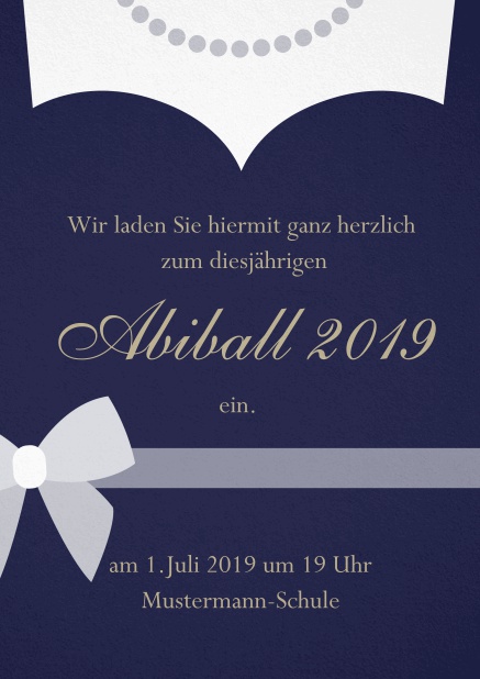 Einladungskarte zum Abi-Ball gestaltet als Abendkleid Marine.