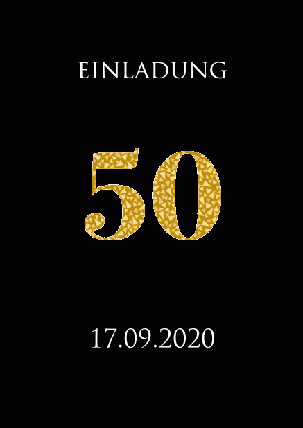 Einladungskarte zum 50. Jahrestag in verschiedenen Farbtönen mit animierender Zahl 50 aus goldenen Mosaiksteinen. Schwarz.