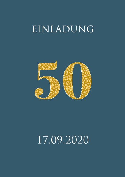 Einladungskarte zum 50. Jahrestag in verschiedenen Farbtönen mit animierender Zahl 50 aus goldenen Mosaiksteinen. Blau.