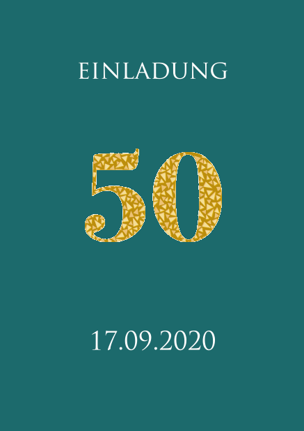 Einladungskarte zum 50. Jahrestag in verschiedenen Farbtönen mit animierender Zahl 50 aus goldenen Mosaiksteinen. Grün.