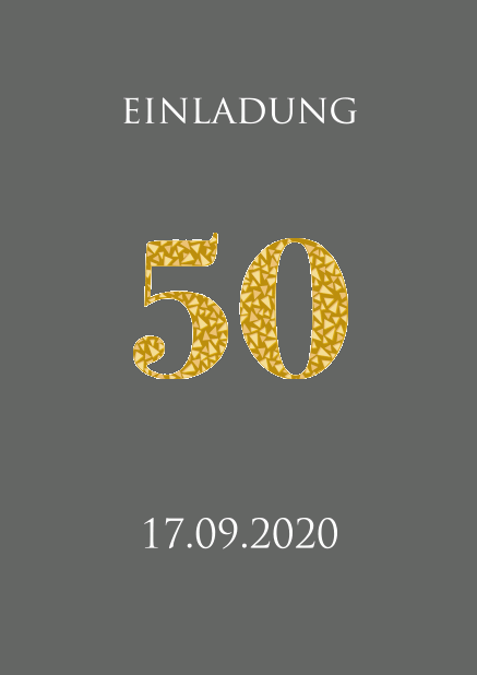 Einladungskarte zum 50. Jahrestag in verschiedenen Farbtönen mit animierender Zahl 50 aus goldenen Mosaiksteinen. Grau.