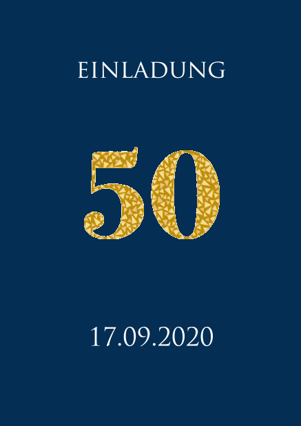Einladungskarte zum 50. Jahrestag in verschiedenen Farbtönen mit animierender Zahl 50 aus goldenen Mosaiksteinen. Marine.